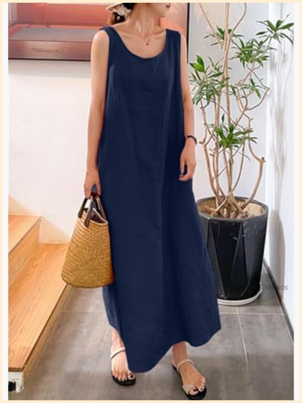 Cotton Loose A-Line Maxi Tank Dress with Pockets - Picture 2 of 2